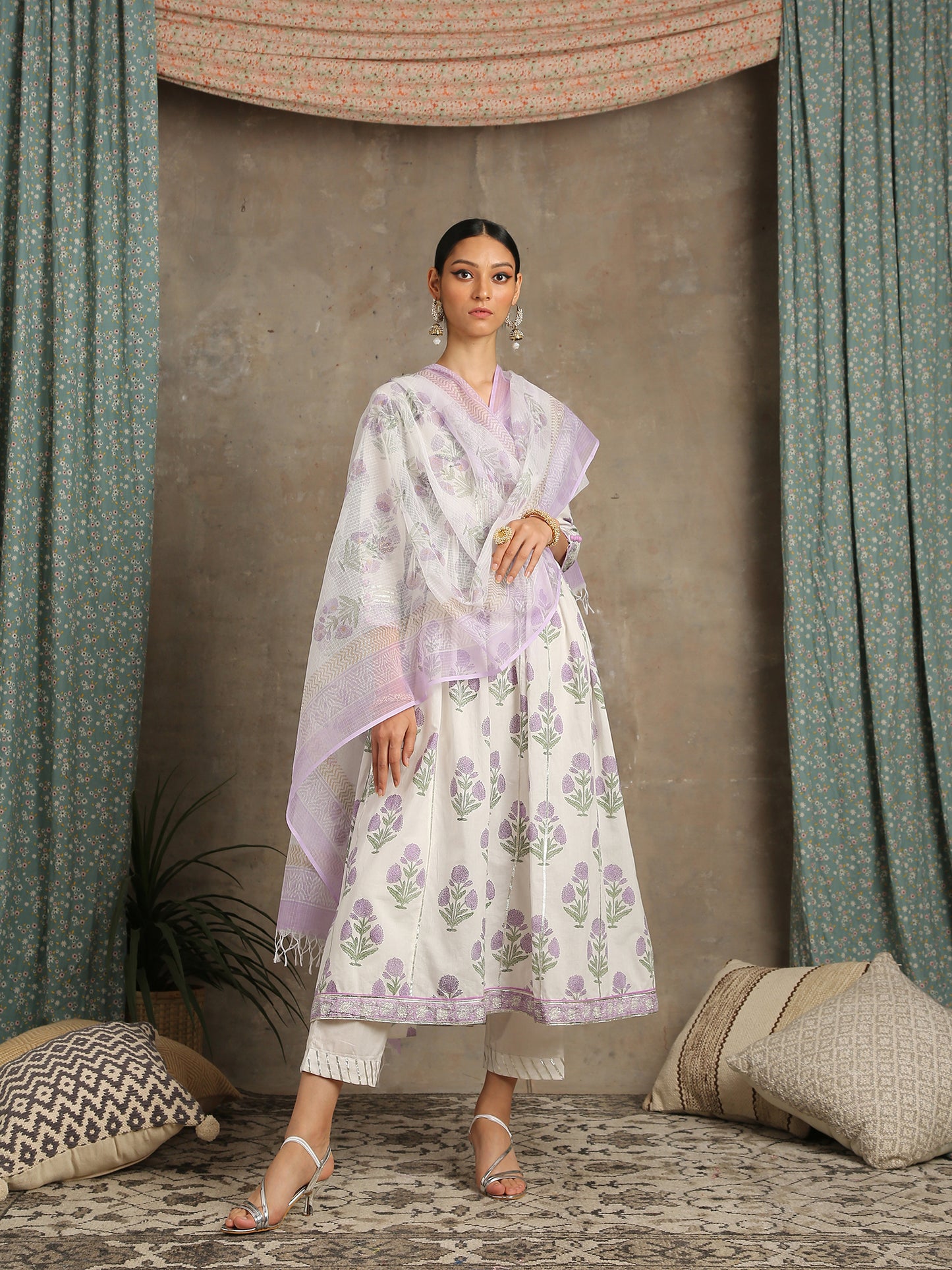 Lavender White Printed Cotton Gathered Kurta  Set RTS