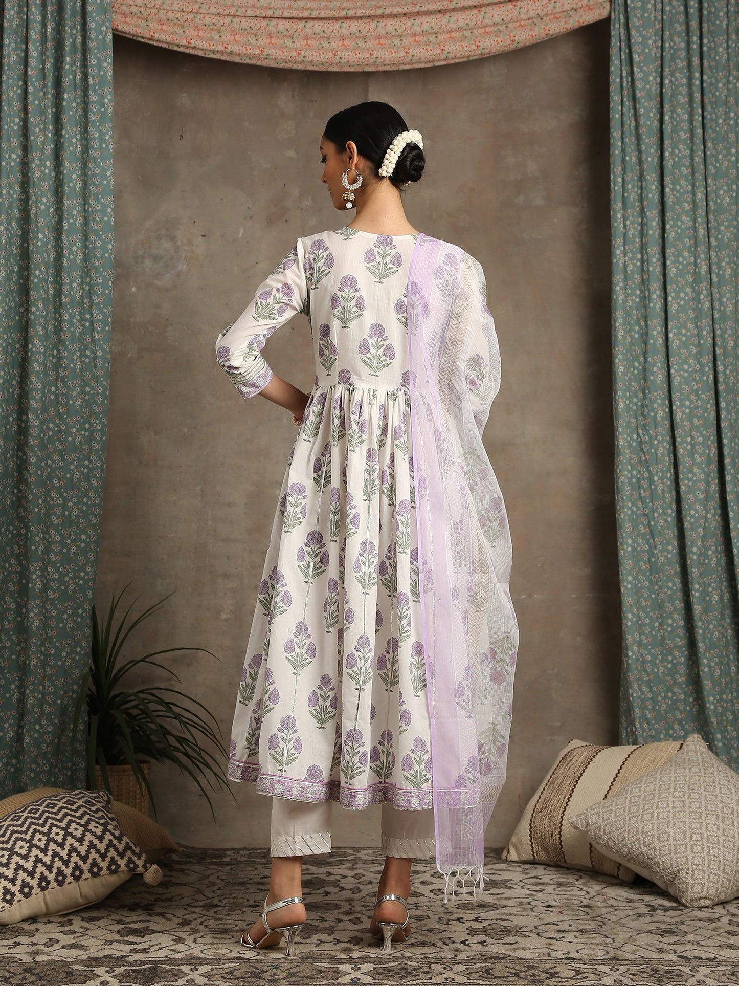 Lavender White Printed Cotton Gathered Kurta  Set RTS