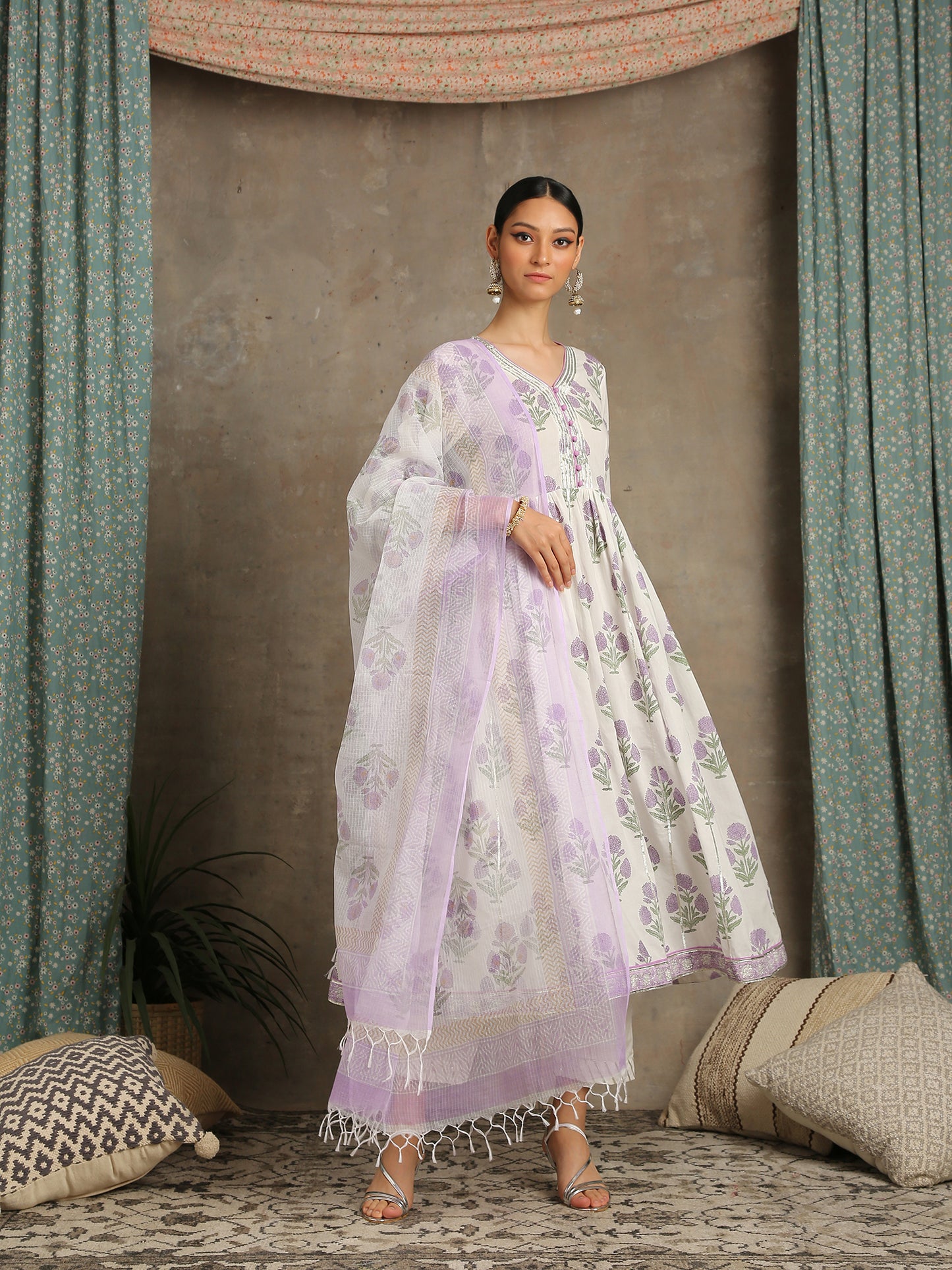 Lavender White Printed Cotton Gathered Kurta  Set RTS