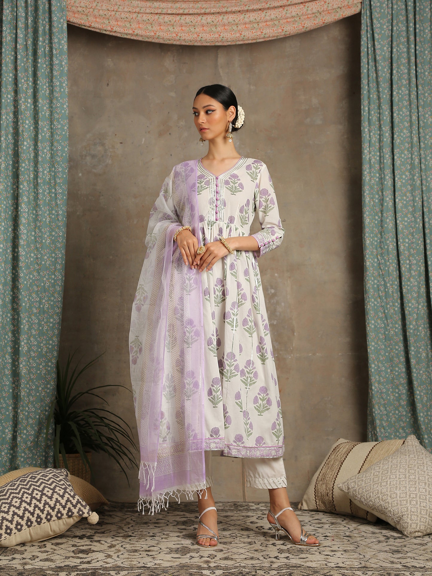 Lavender White Printed Cotton Gathered Kurta  Set RTS