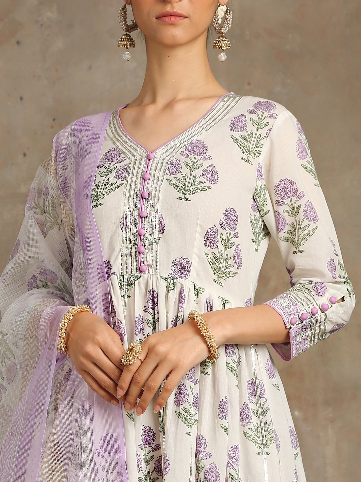 Lavender White Printed Cotton Gathered Kurta  Set RTS