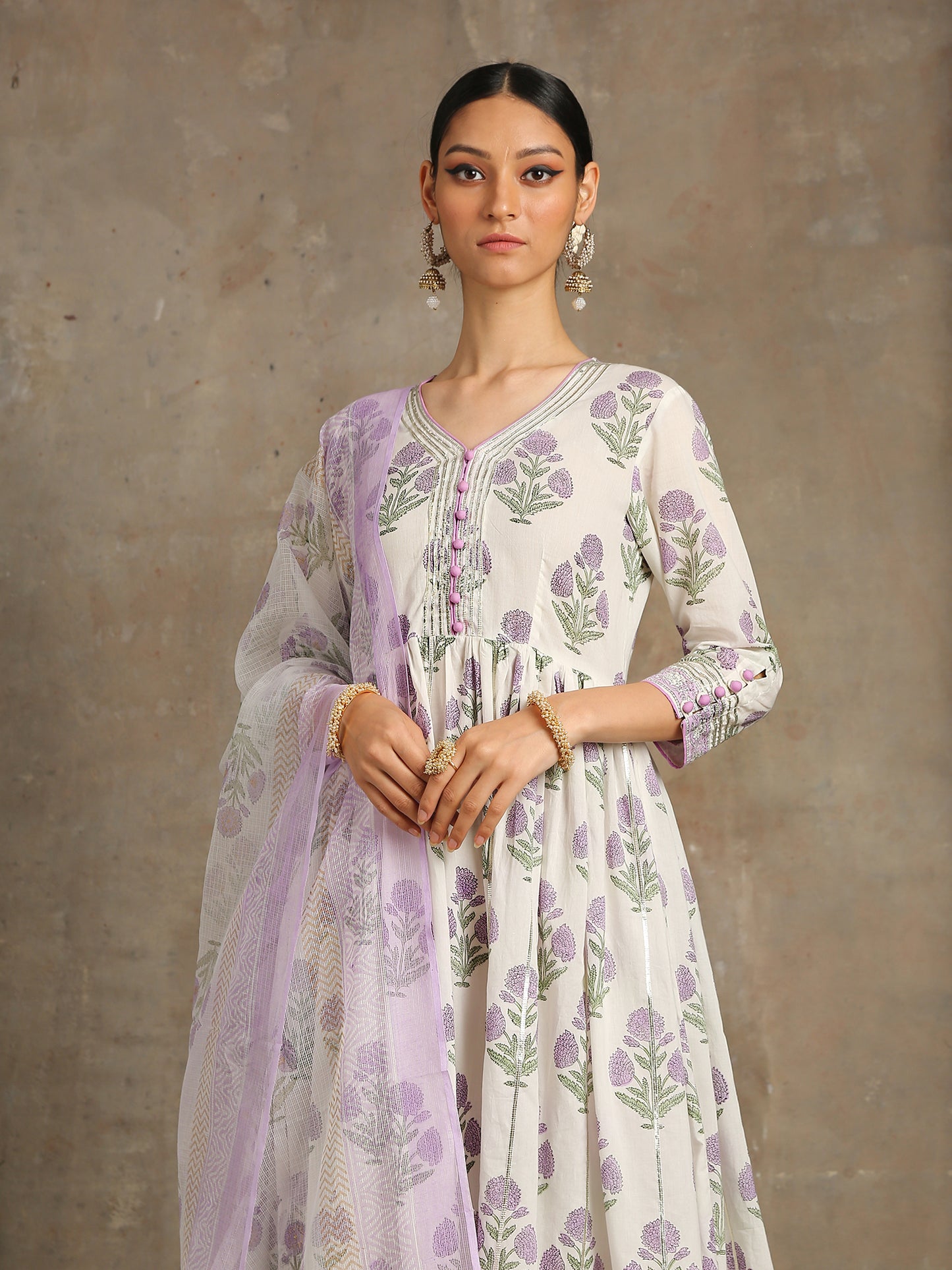 Lavender White Printed Cotton Gathered Kurta  Set RTS