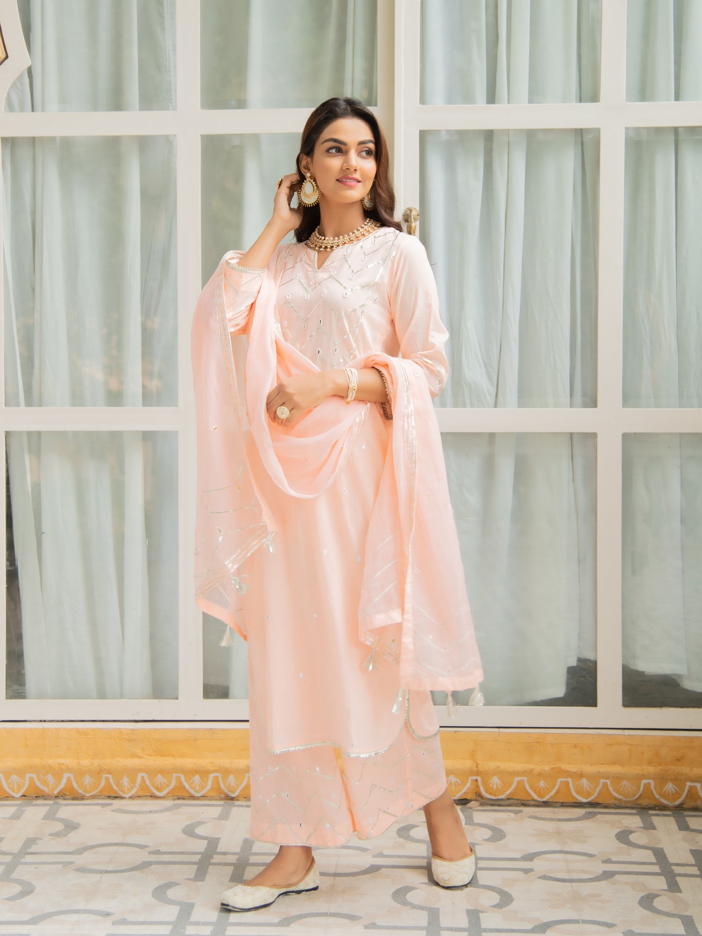 Noor Amaltas Peach Gota Mirror Work Set