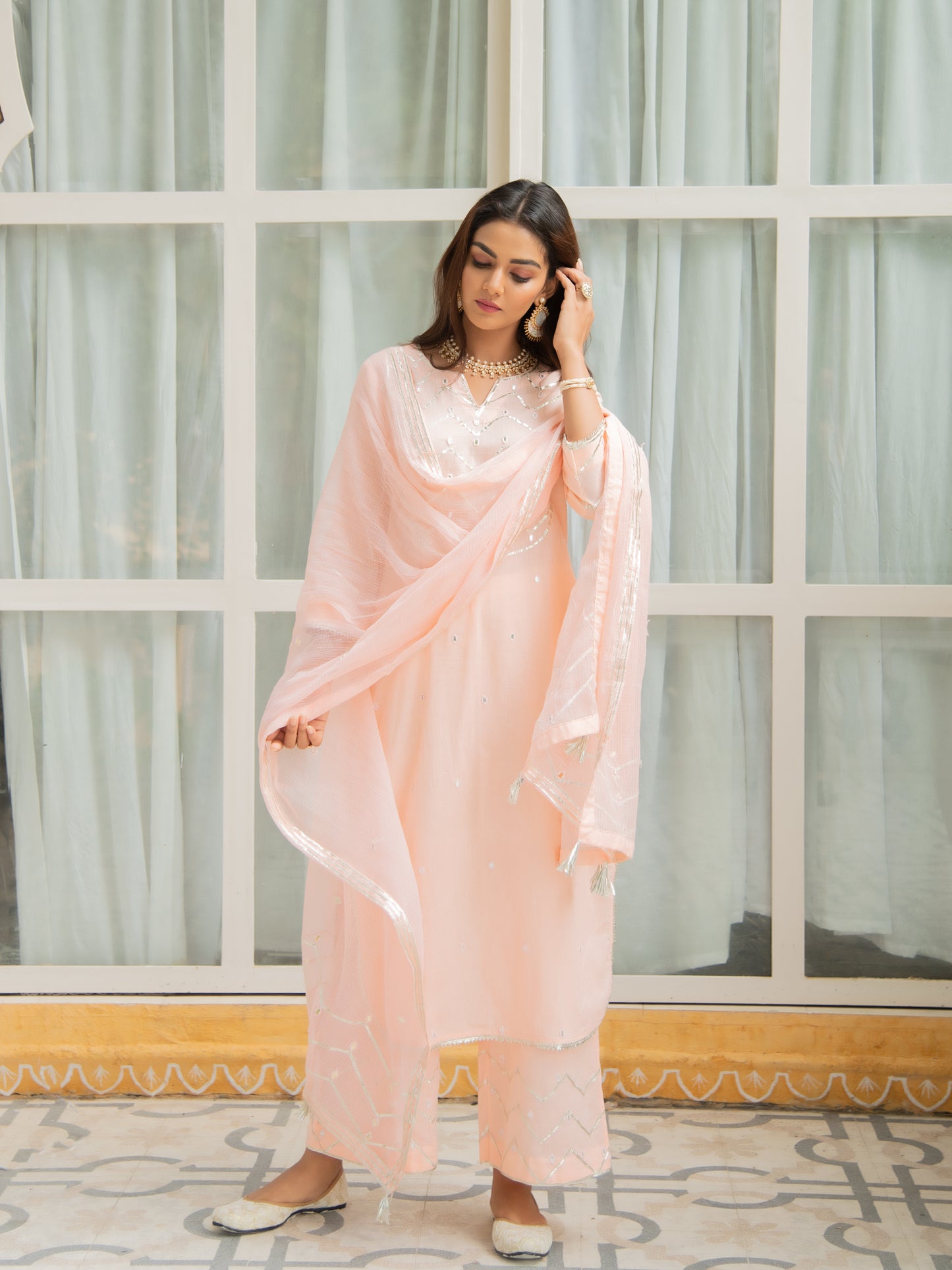 Noor Amaltas Peach Gota Mirror Work Set