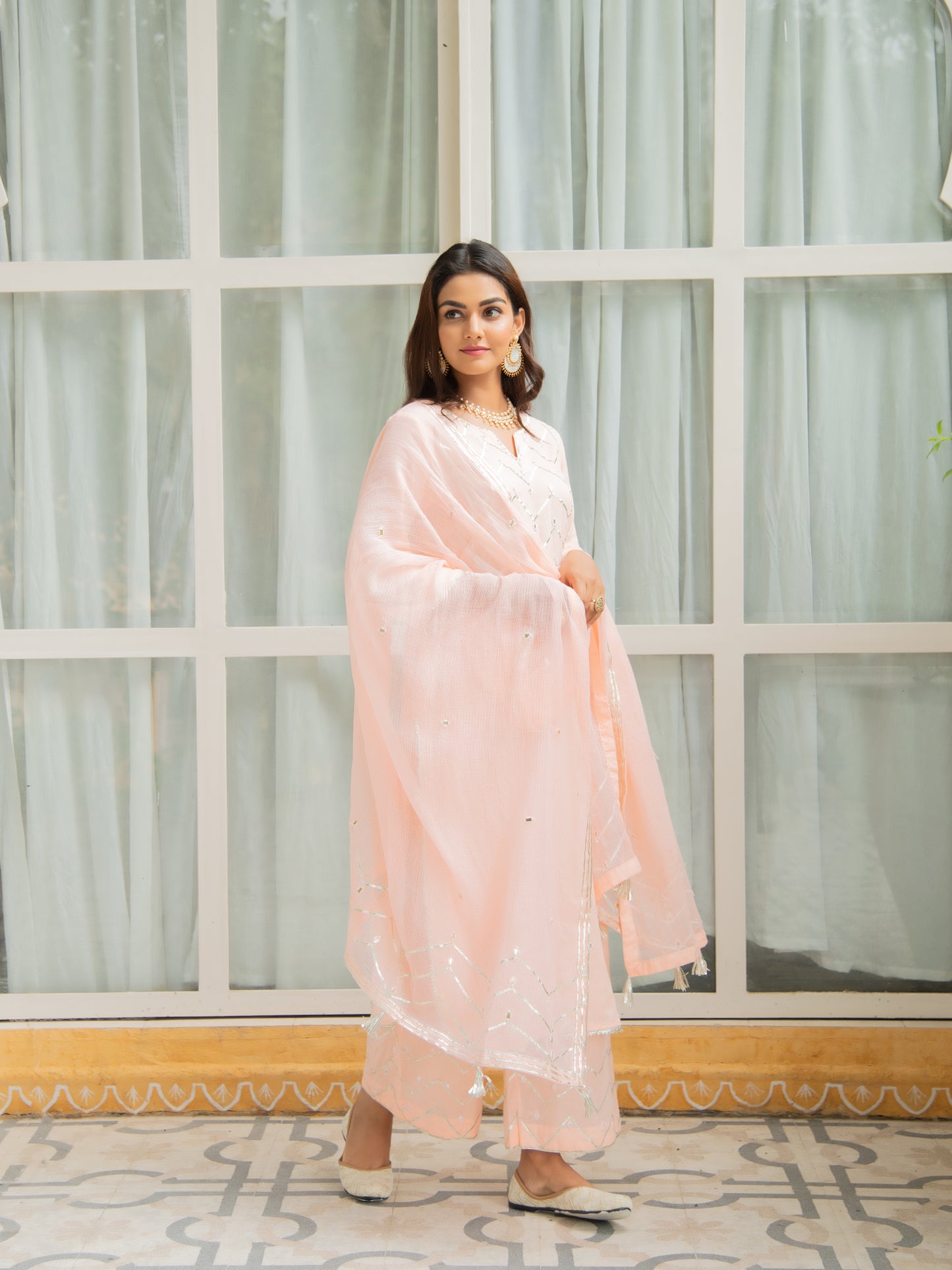 Noor Amaltas Peach Gota Mirror Work Set