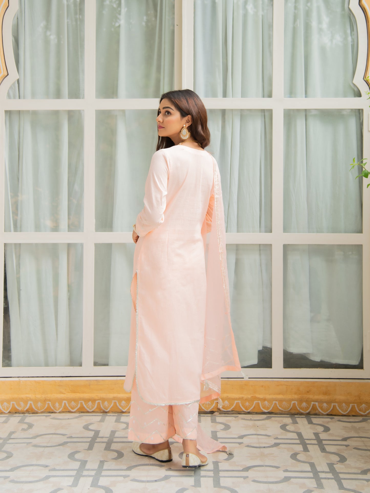 Noor Amaltas Peach Gota Mirror Work Set