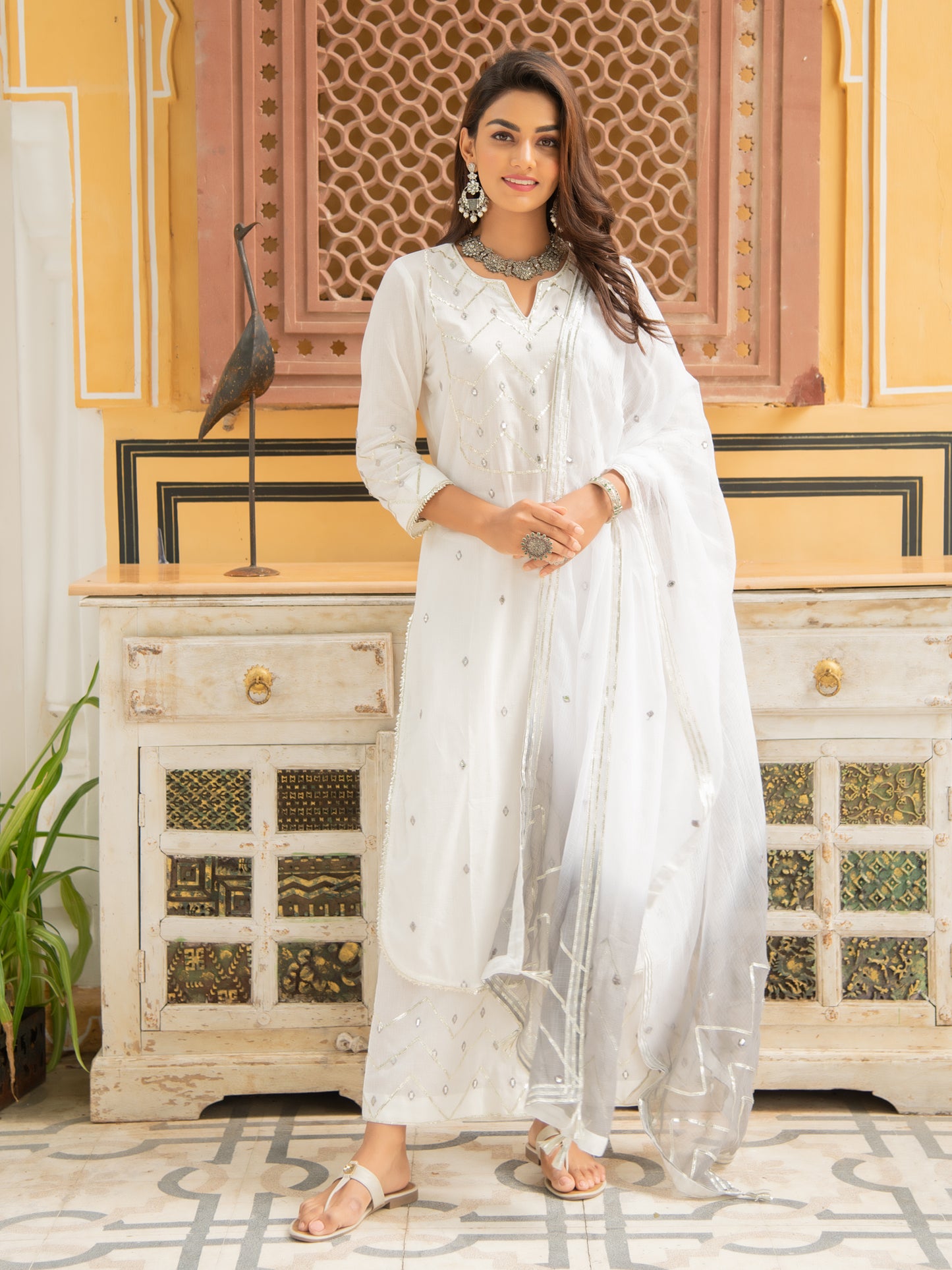 Noor Badli White Grey Gota Mirror Work Set