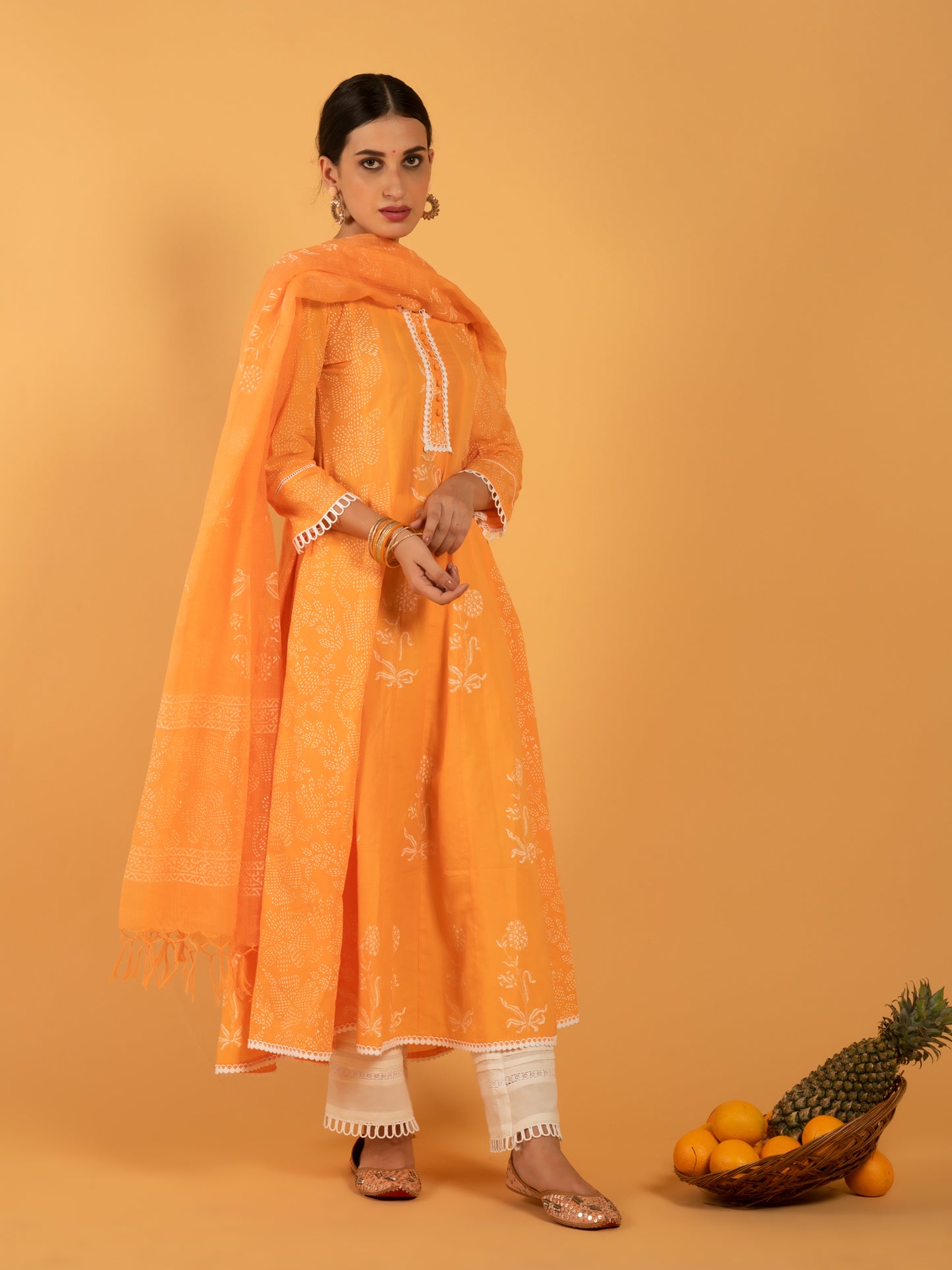 Narangi Khari Orange Kaldiar Kurta Set RTS
