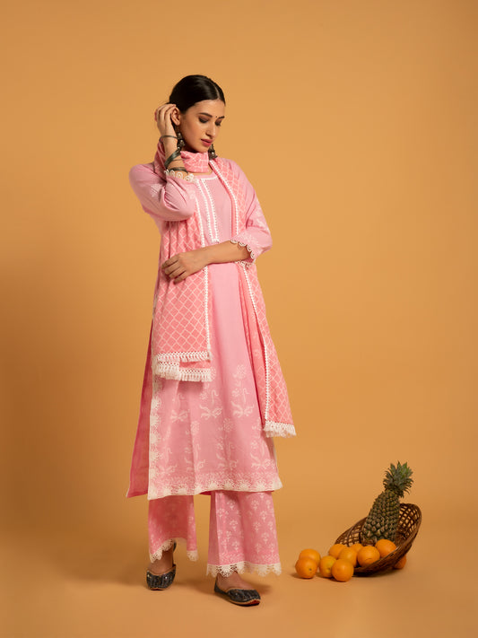 Gulaab Khari Pink Printed Cotton Suit Mulmul Dupatta