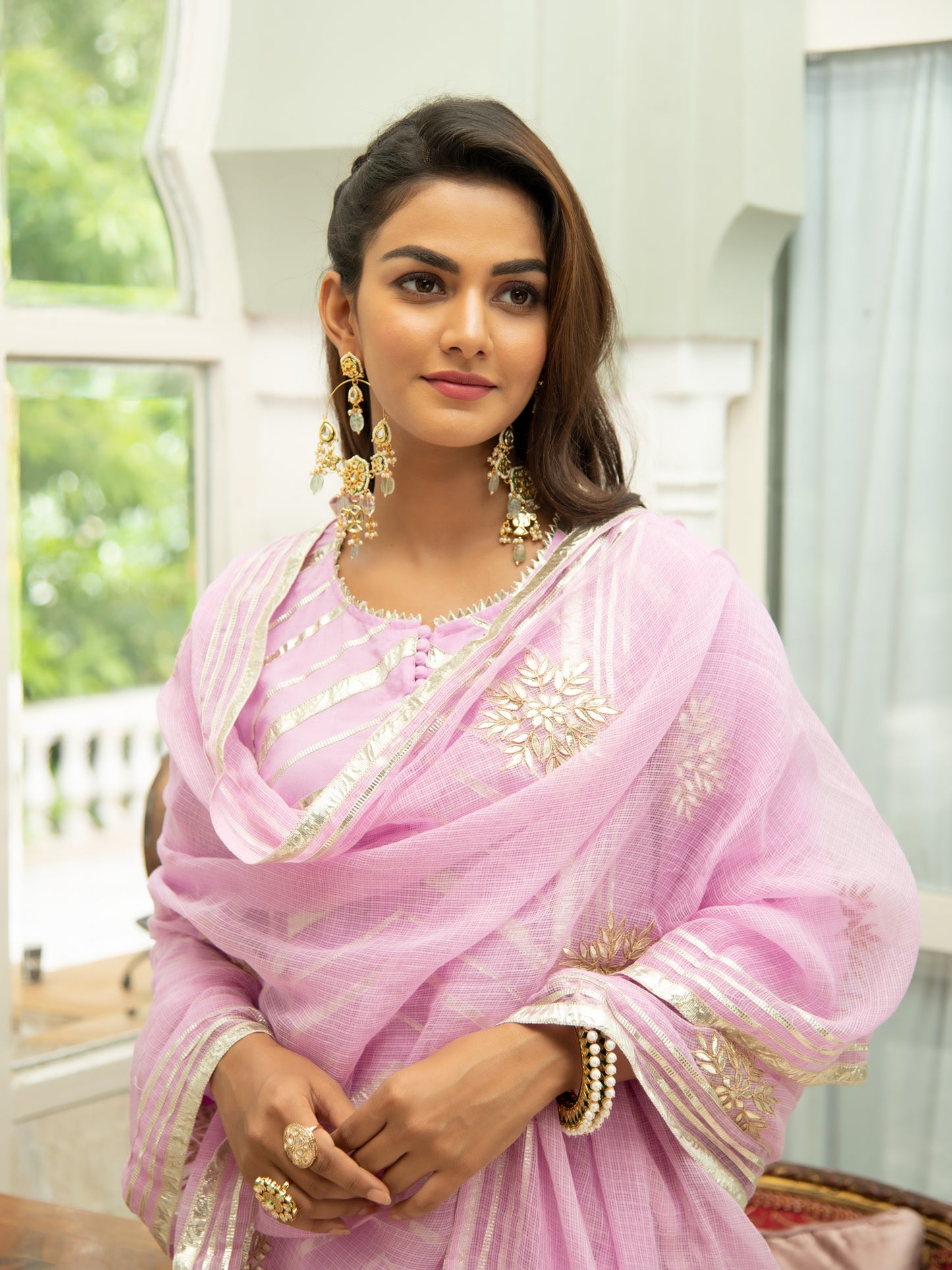 Noor Gulabi Gota Lehriya Work Kurta Set