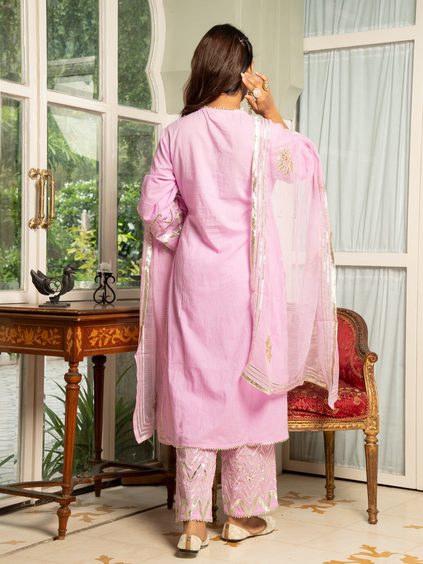 Noor Gulabi Gota Lehriya Work Kurta Set