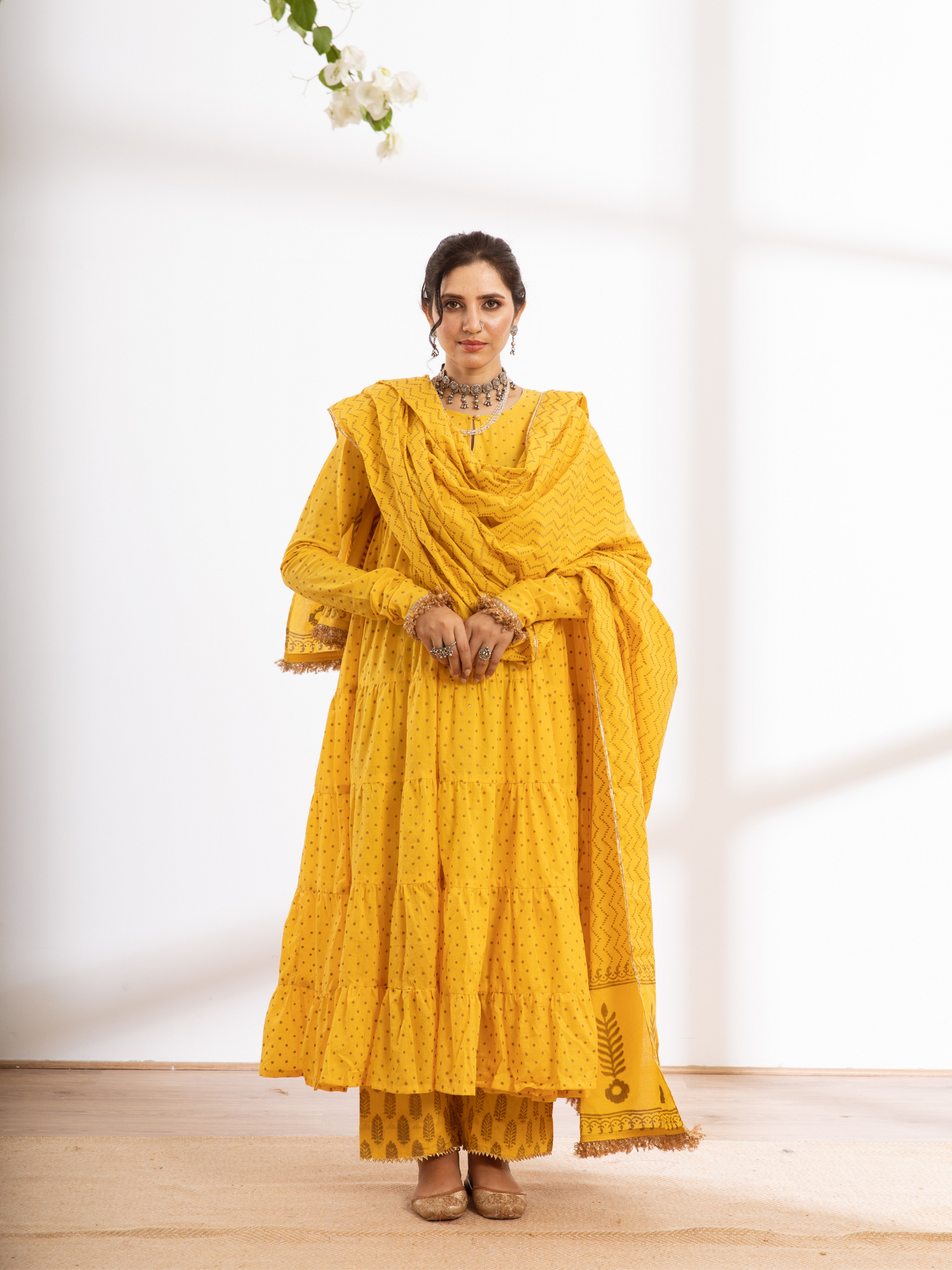 Yellow Hand Printed Cotton Kalidar Suit Set