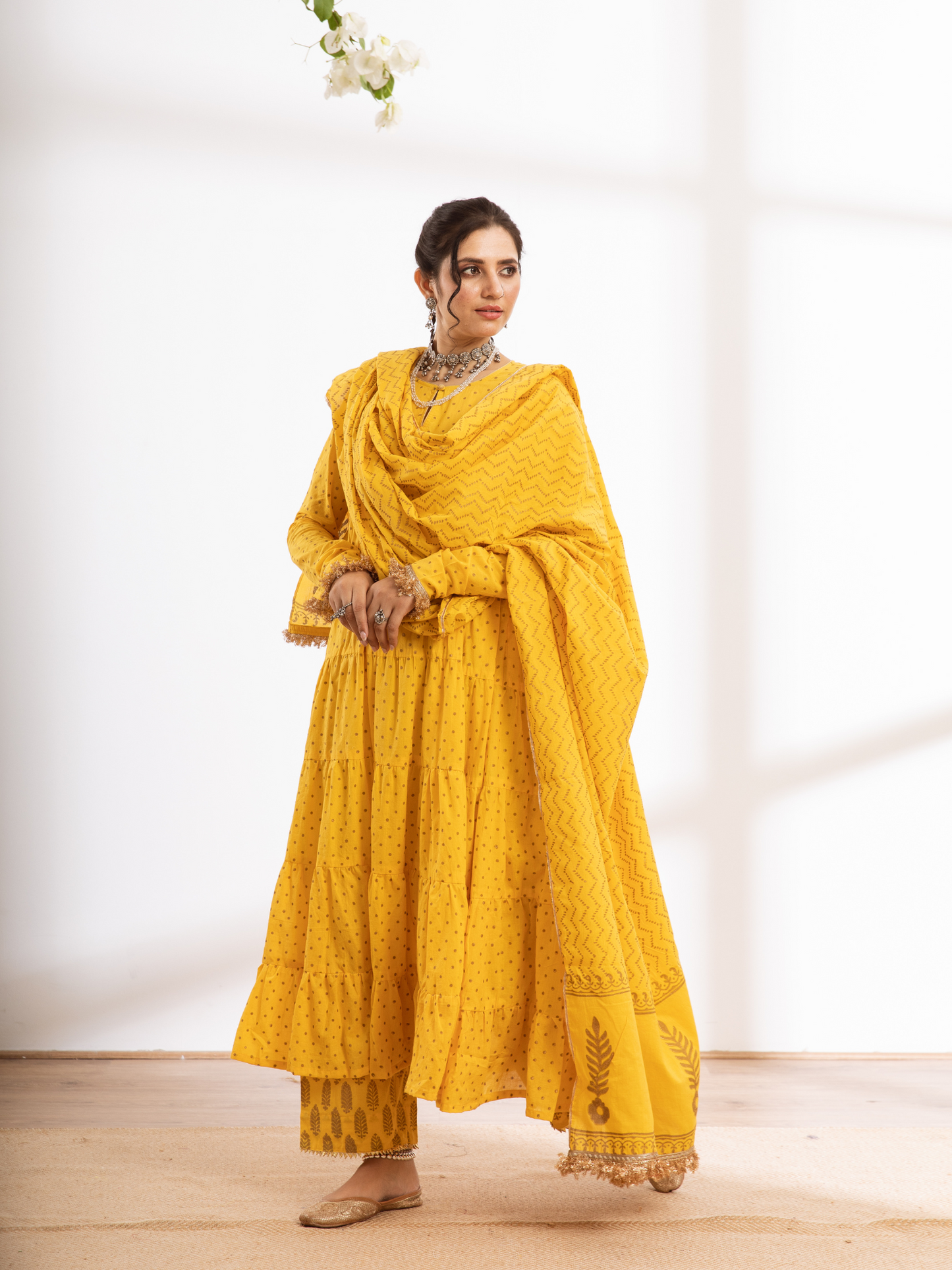 Kalindi Suit Set - Yellow Hand Printed Cotton Kalidar Suit Set