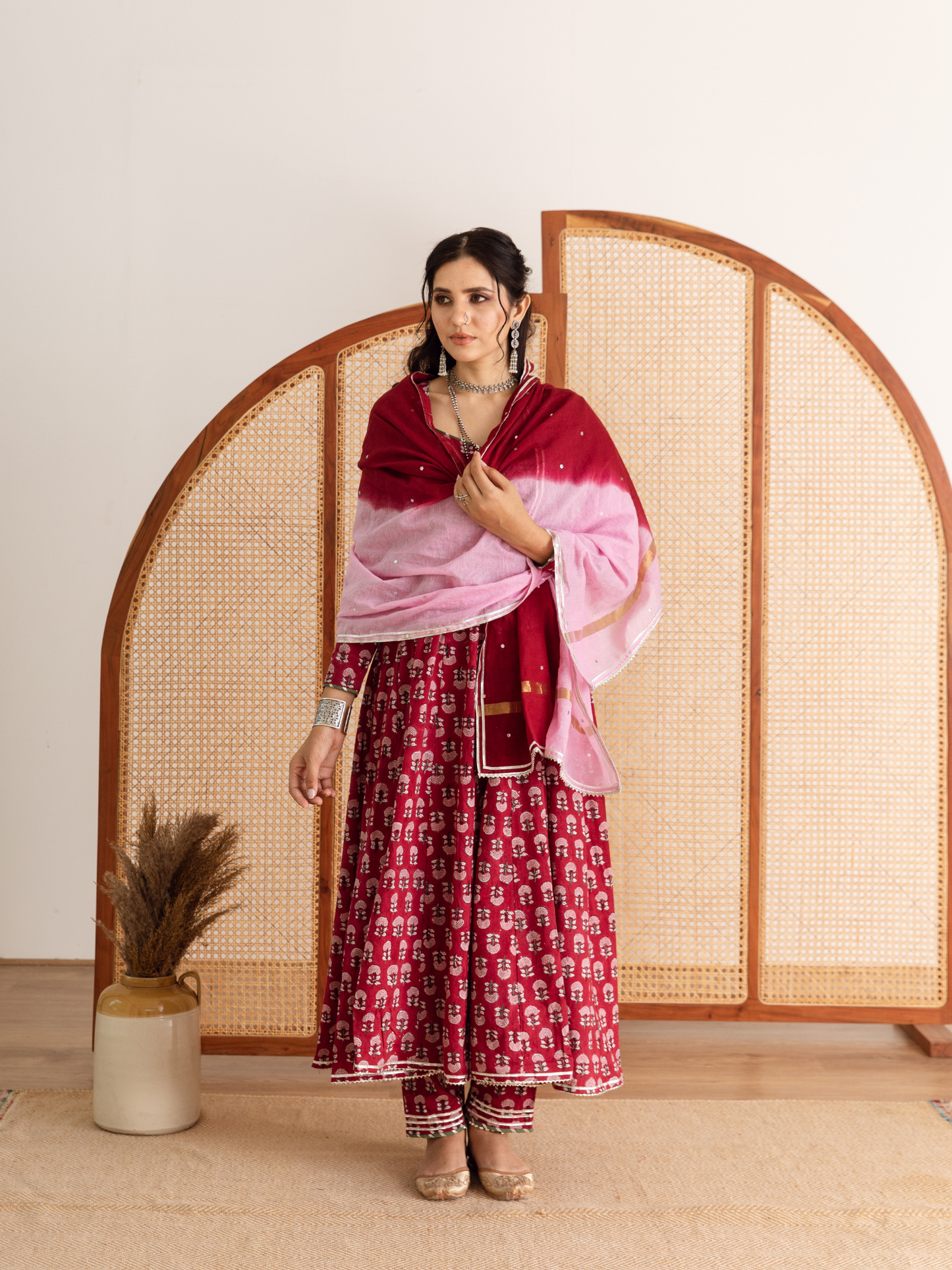 Gulaab Gainda Kalidar Set - Red Hand Block Printed Cotton Kalidar Set