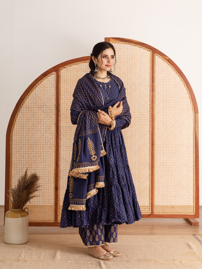 Neela Kurta Set - Blue Hand Printed Cotton Kalidar Suit Set