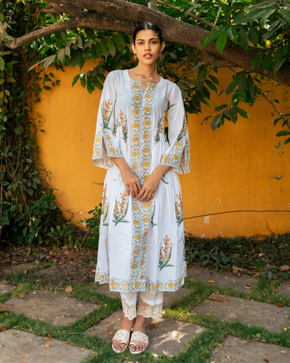 Yellow and Ivory Hand Block Printed Bhopali Kurta Set