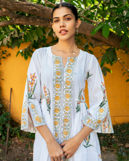 Yellow and Ivory Hand Block Printed Bhopali Kurta Set