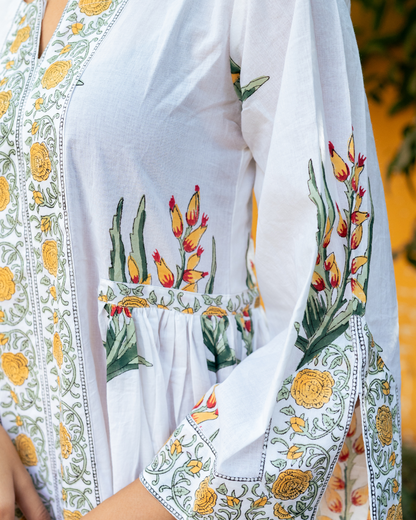 Yellow and Ivory Hand Block Printed Bhopali Kurta Set