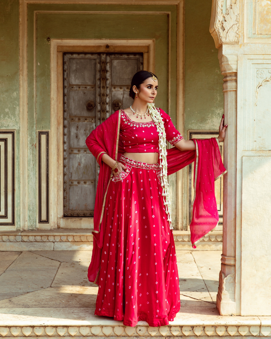 Fuchsia & White Bandhej Print Lehenga Set