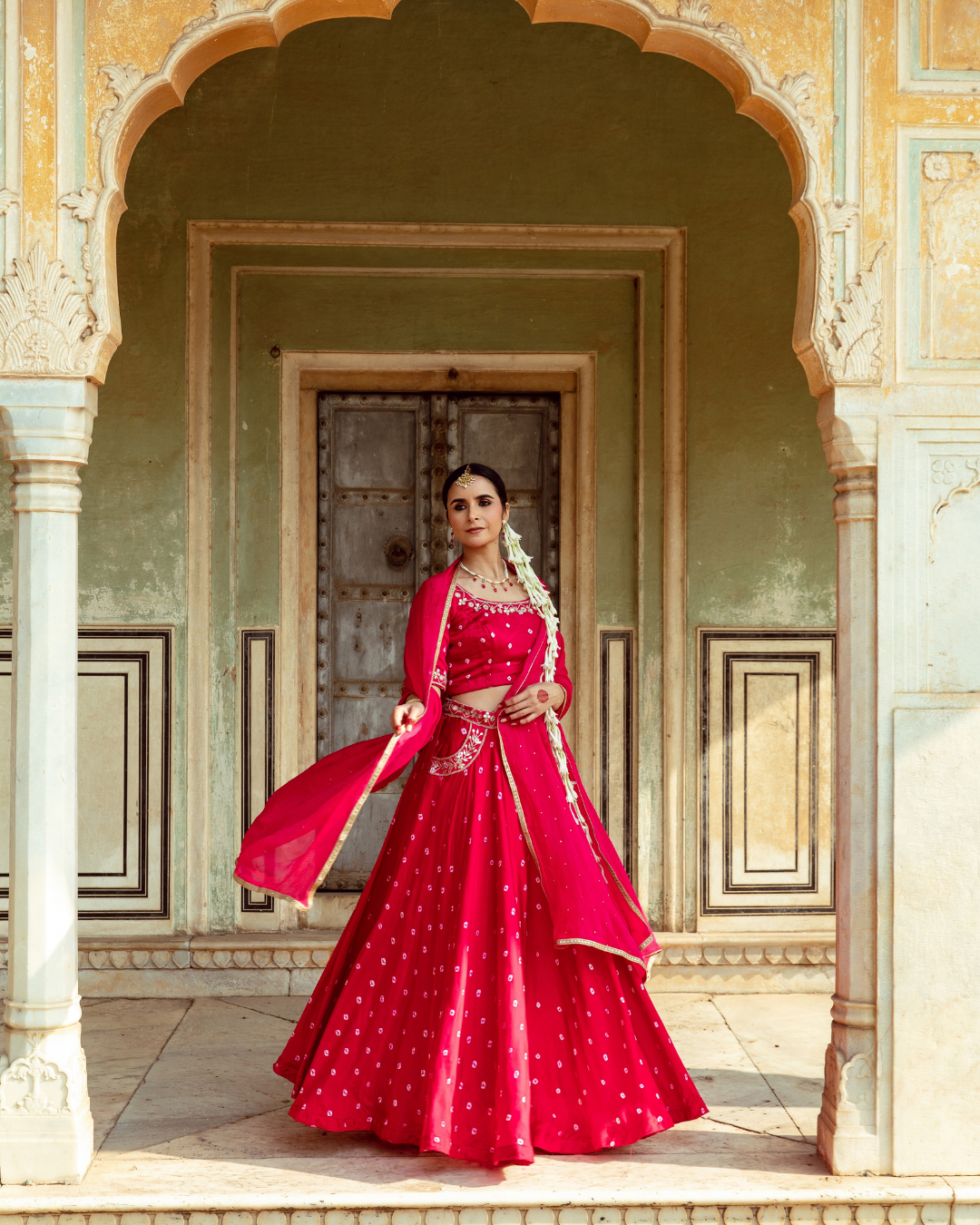 Fuchsia & White Bandhej Print Lehenga Set