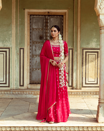 Fuchsia & White Bandhej Print Lehenga Set