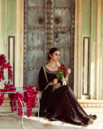 Black & Red Bandhej Print Lehenga Set