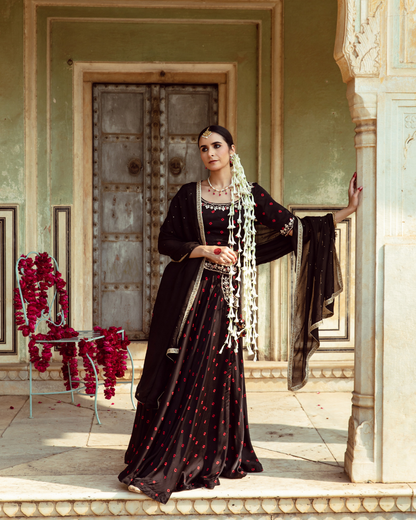 Black & Red Bandhej Print Lehenga Set