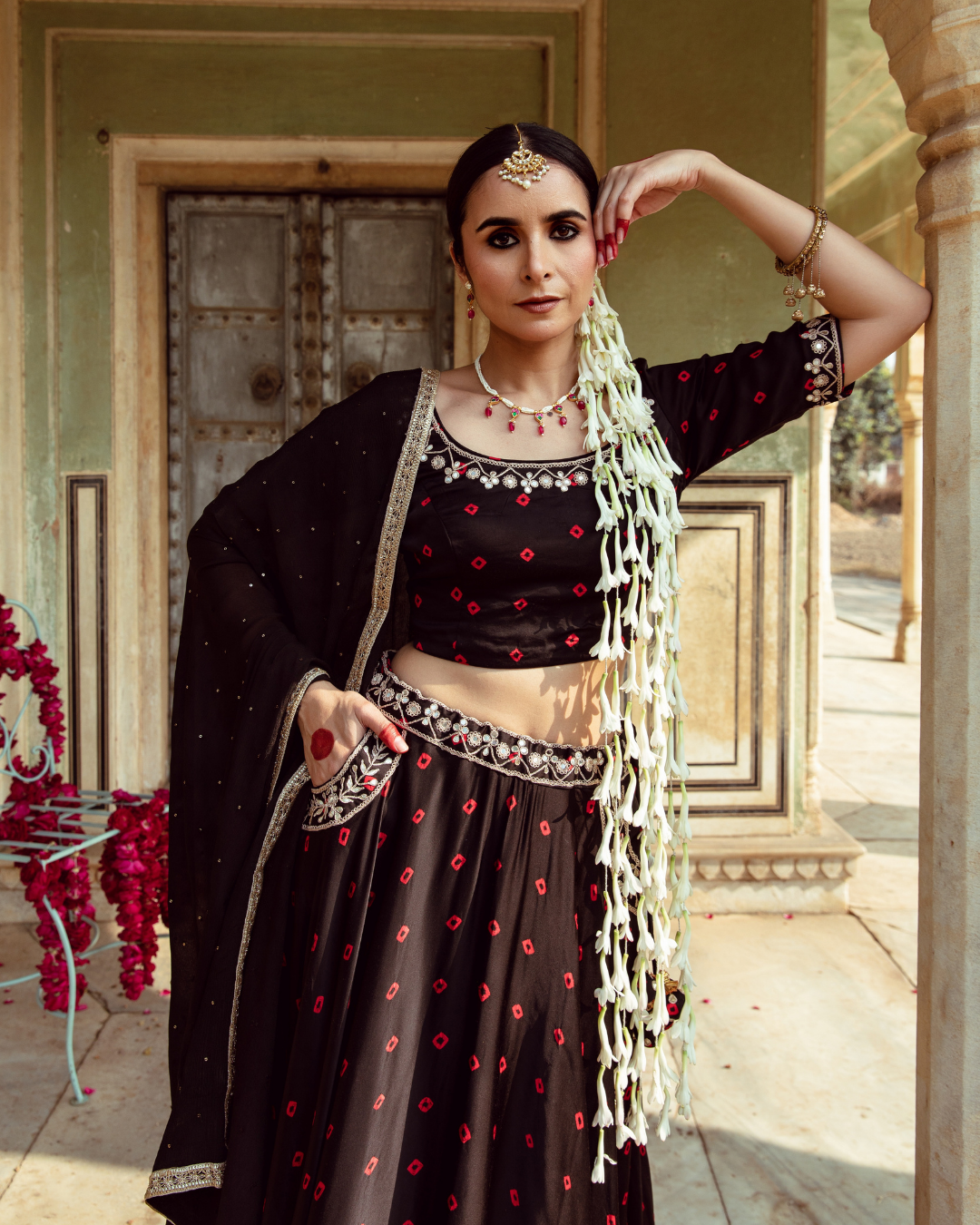 Black & Red Bandhej Print Lehenga Set