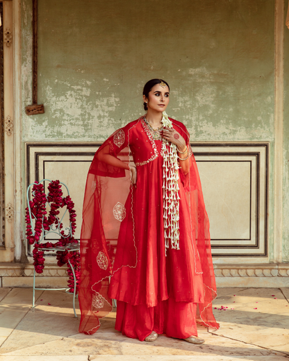 Deep Red Zari Embroidered Kalidar Set