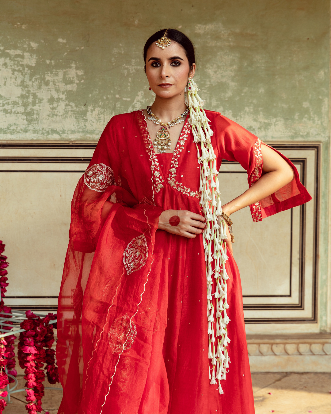 Deep Red Zari Embroidered Kalidar Set