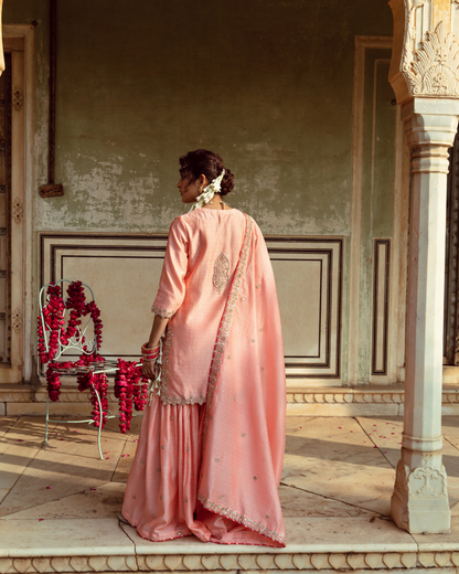 Peach Embroidered Chanderi Silk Sharara Set