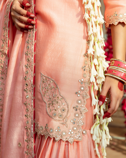 Peach Embroidered Chanderi Silk Sharara Set