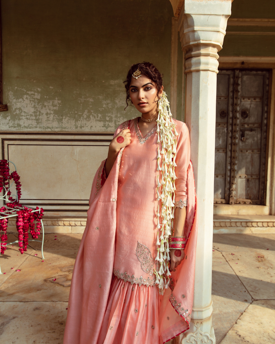 Peach Embroidered Chanderi Silk Sharara Set