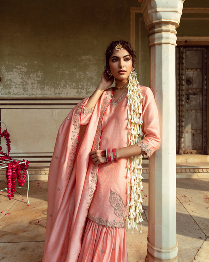 Peach Embroidered Chanderi Silk Sharara Set