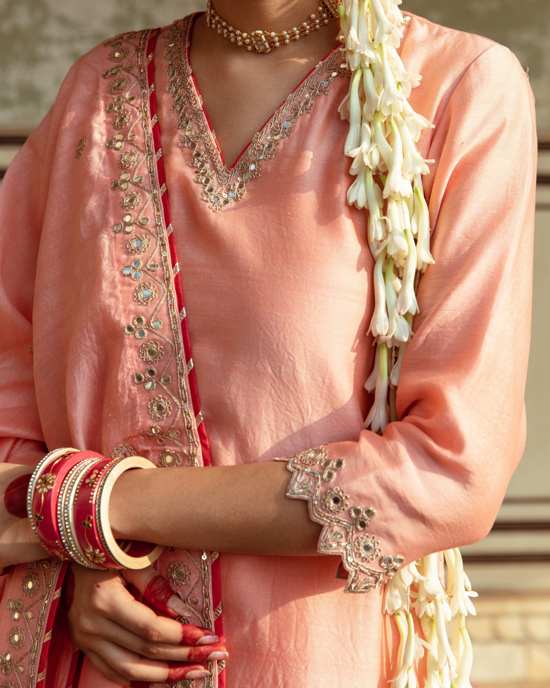 Peach Embroidered Chanderi Silk Sharara Set