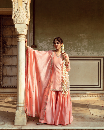 Peach Embroidered Chanderi Silk Sharara Set