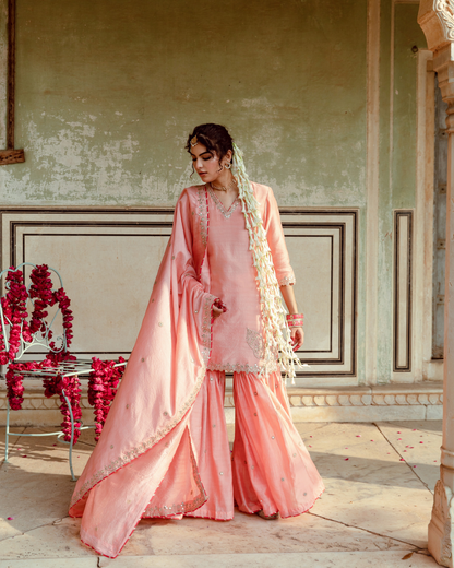 Peach Embroidered Chanderi Silk Sharara Set