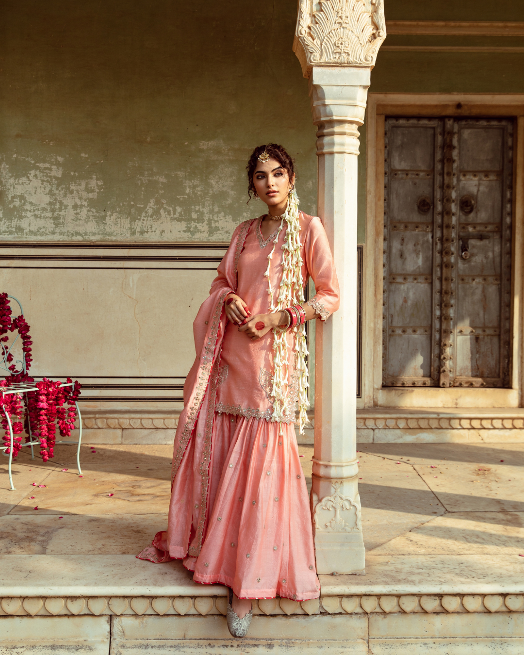 Peach Embroidered Chanderi Silk Sharara Set