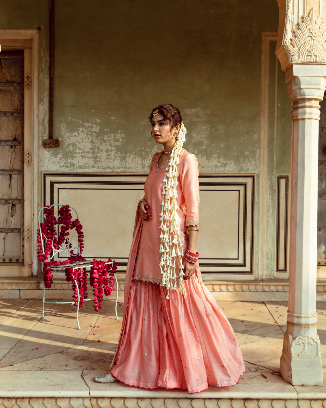 Peach Embroidered Chanderi Silk Sharara Set