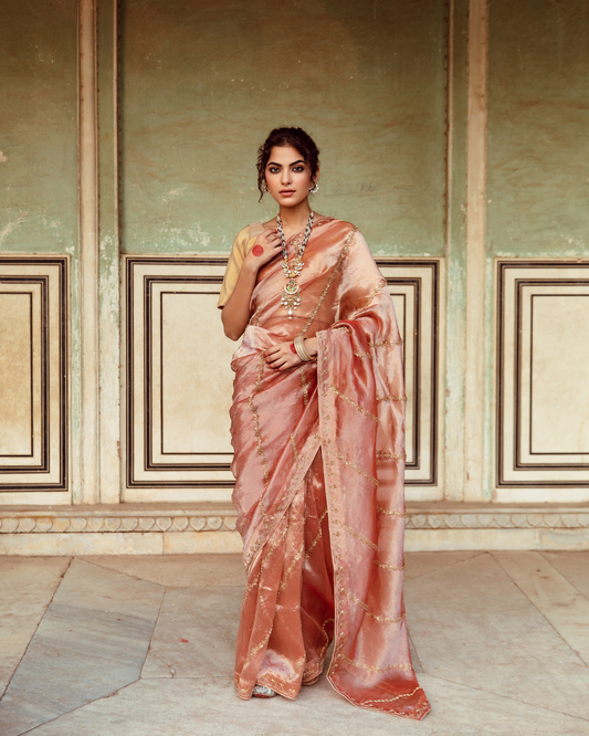 Rust Tissue Silk Embroidered Sari