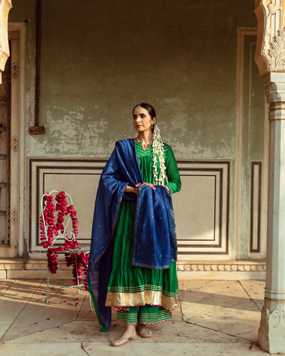 Green & Blue Chanderi Silk Embroidered Tiered Kurta Set