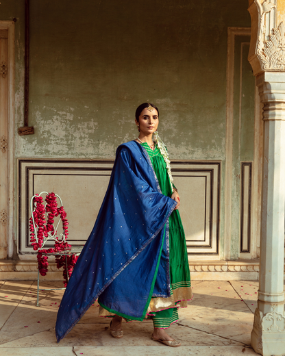 Green & Blue Chanderi Silk Embroidered Tiered Kurta Set