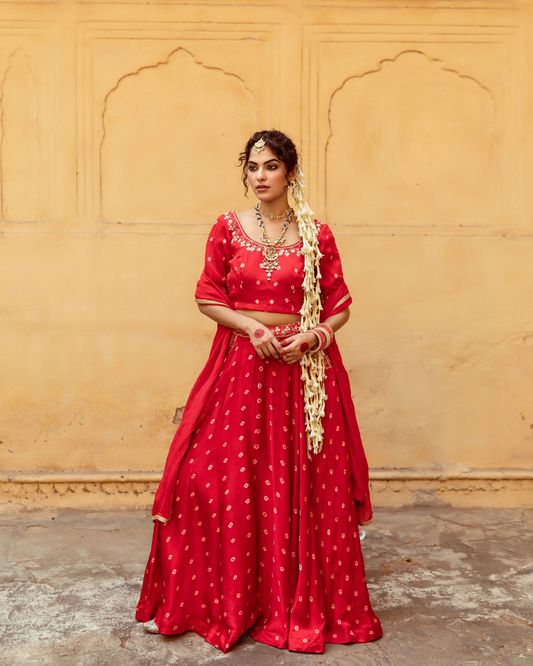 Red & White Bandhej Print Lehenga Set