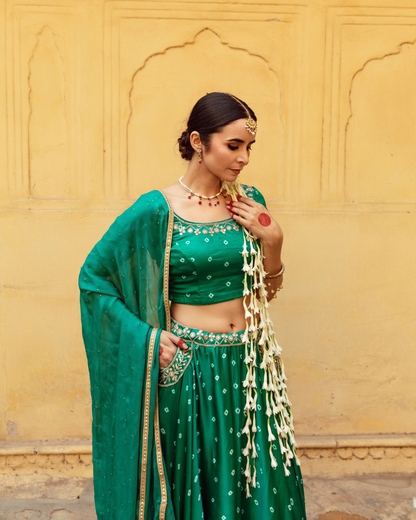 Green & White Bandhej Print Lehenga Set