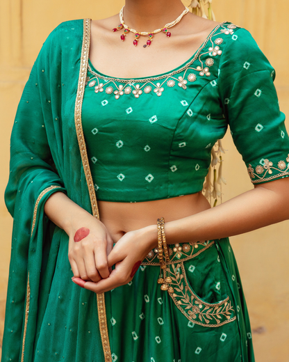 Green & White Bandhej Print Lehenga Set