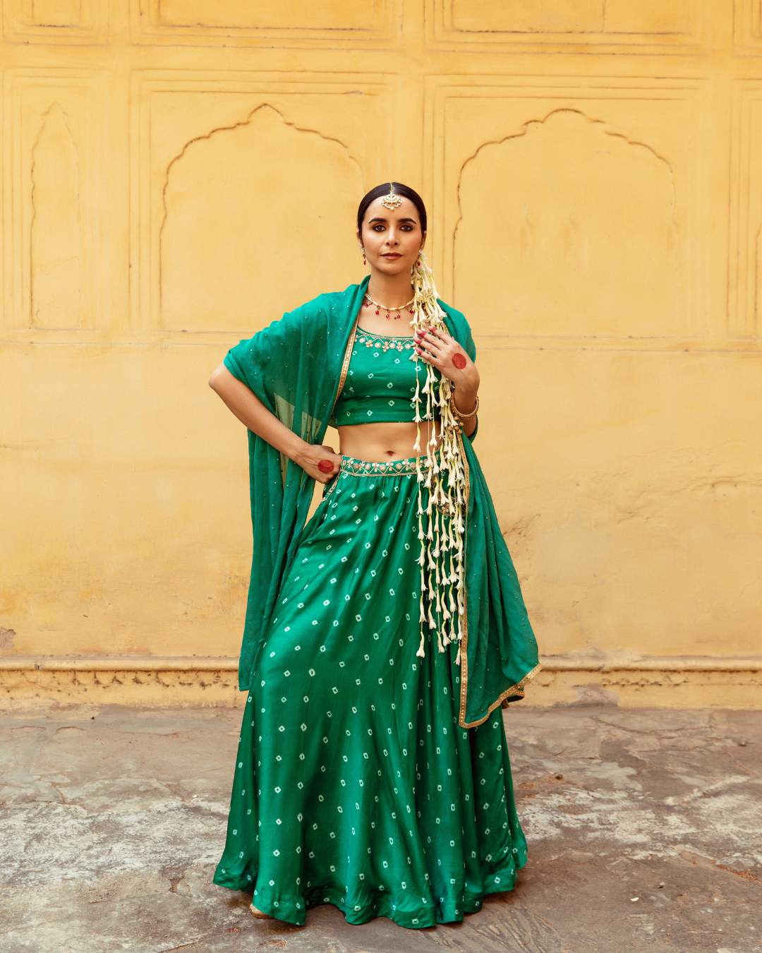 Green & White Bandhej Print Lehenga Set