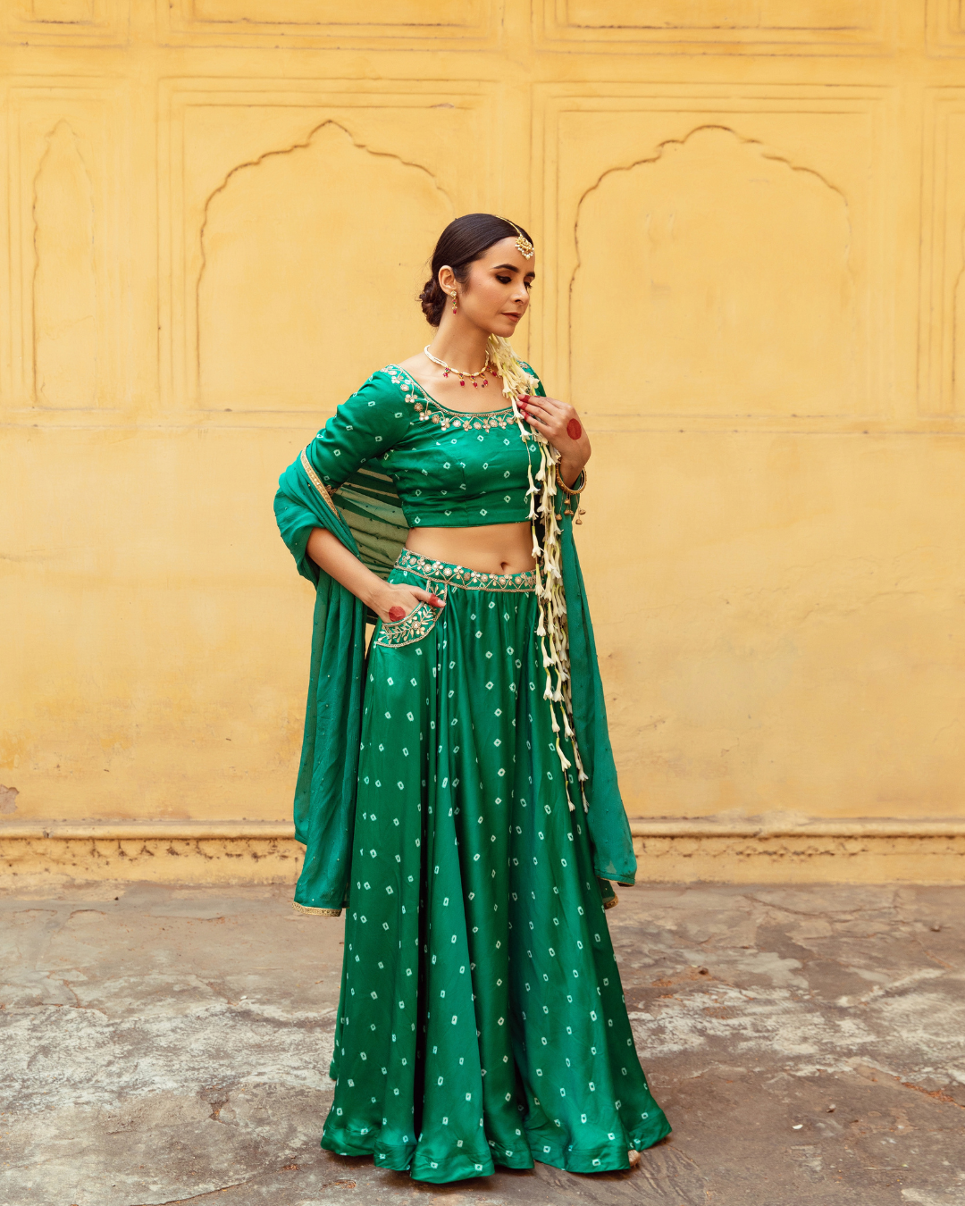 Green & White Bandhej Print Lehenga Set