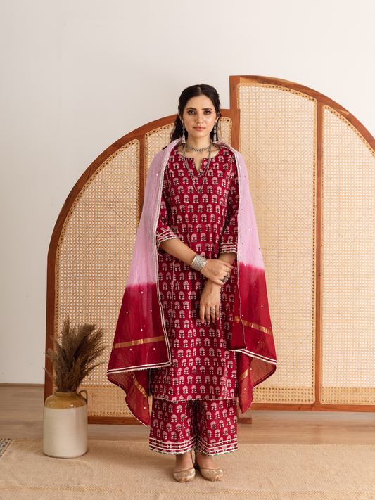 Red Hand Block Printed Cotton Kurta Set RTS