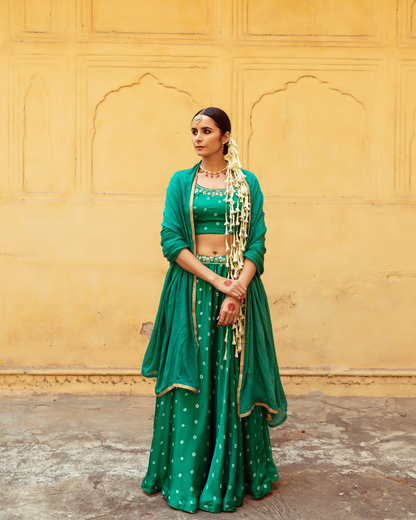 Green & White Bandhej Print Lehenga Set