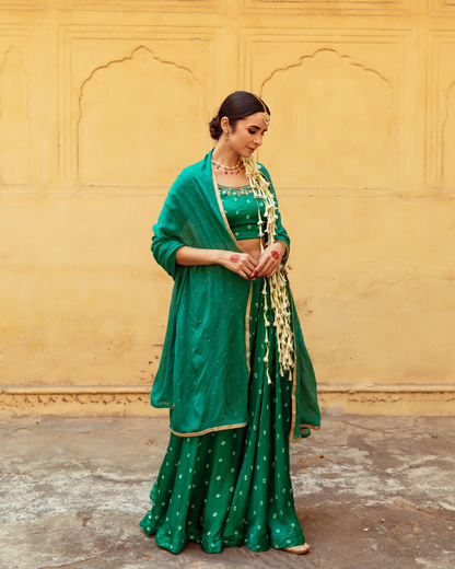 Green & White Bandhej Print Lehenga Set